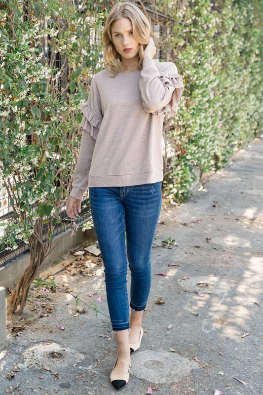 Ruffled Sleeve Terry Pullover - Simply Fabulous Boutique