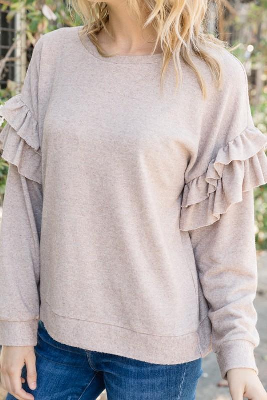 Ruffled Sleeve Terry Pullover - Simply Fabulous Boutique