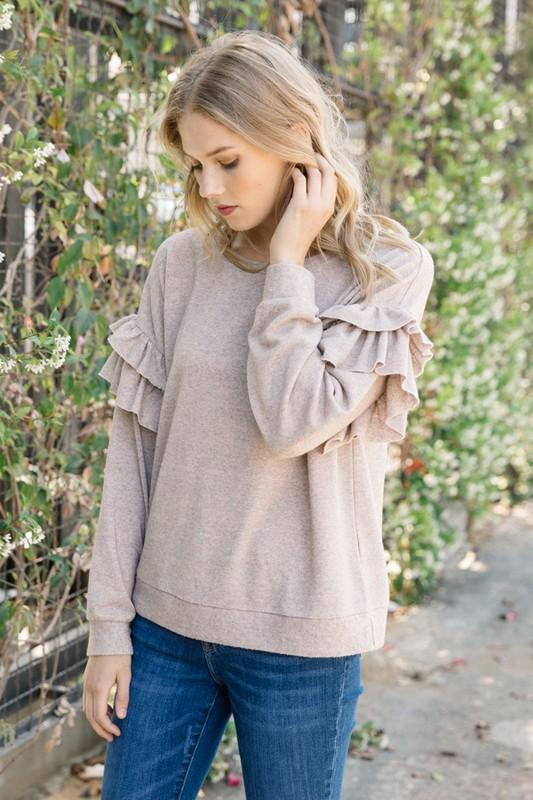 Ruffled Sleeve Terry Pullover - Simply Fabulous Boutique