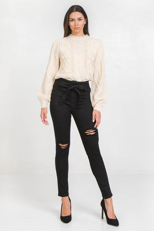 High Waist Skinny Jeans With Tie - Simply Fabulous Boutique